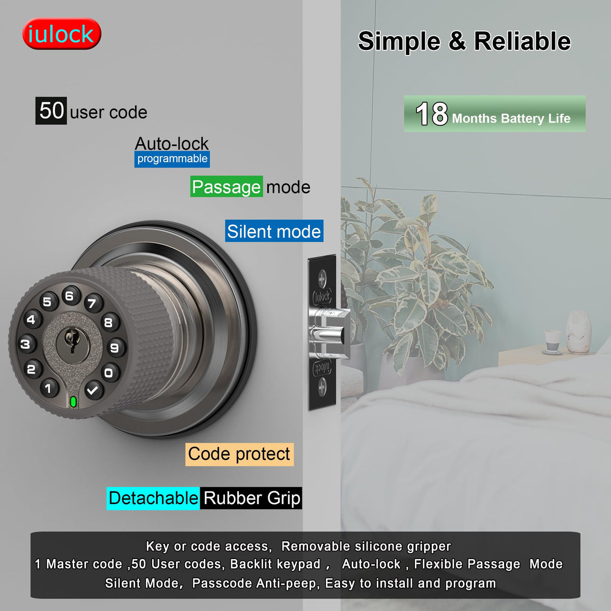 iulock Smart Door Knob rubber grip detail for comfortable handling.