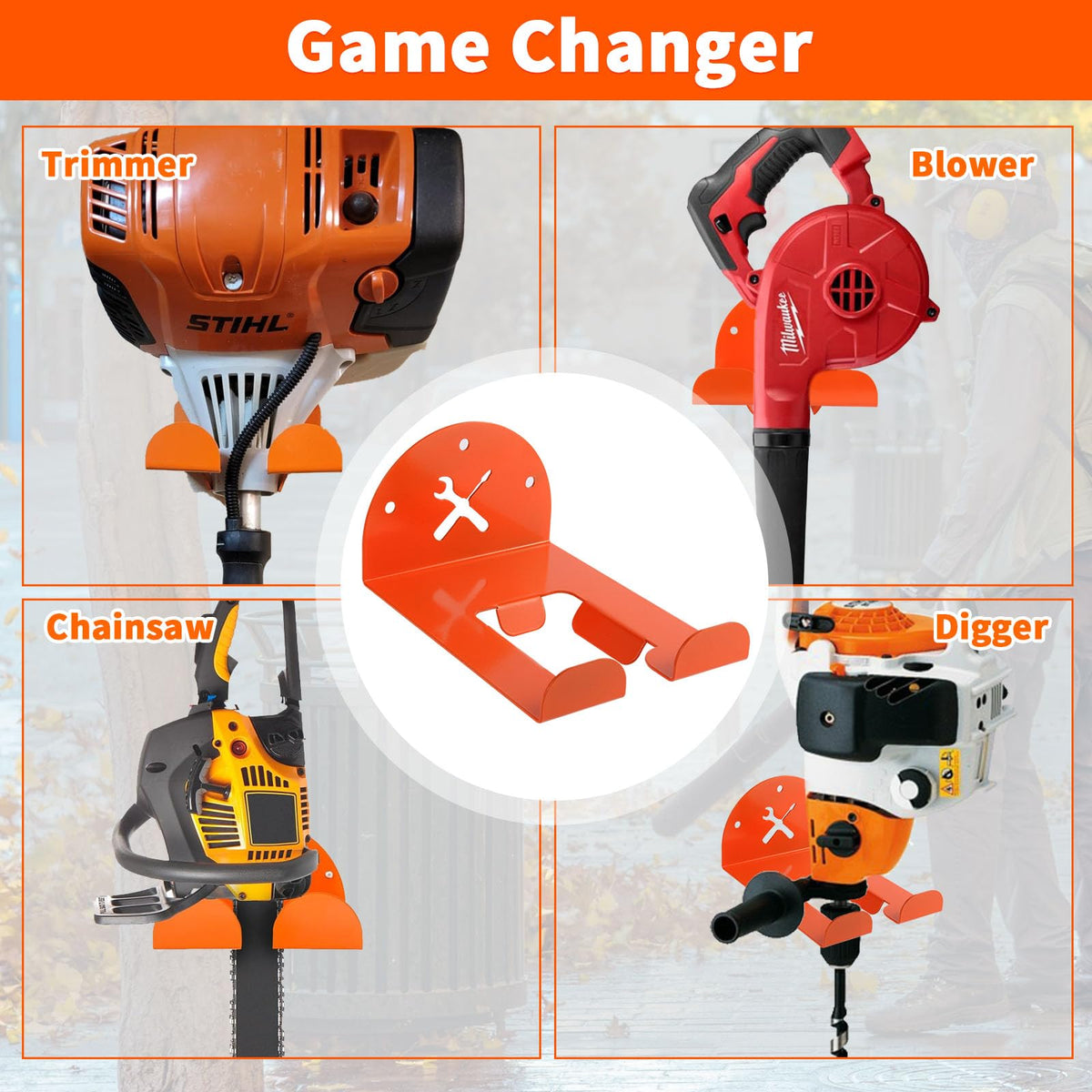 iulrtba Vertical weed eater hanger orange stores equipment off the floor.