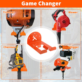 iulrtba Vertical weed eater hanger orange stores equipment off the floor.