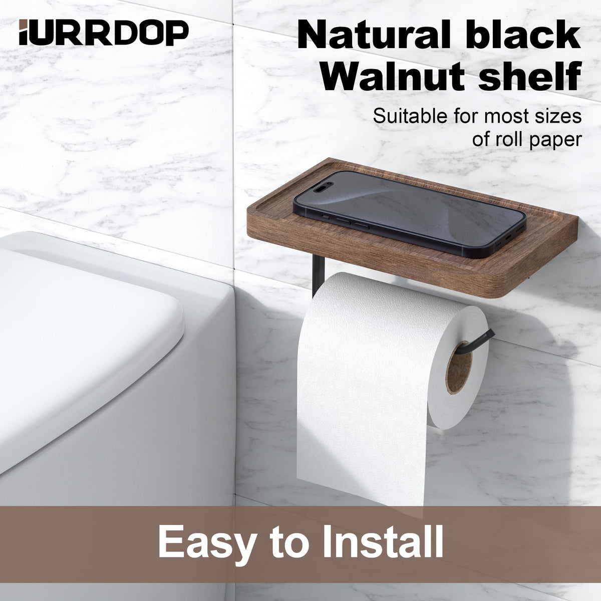 IURRDOP walnut shelf keeps phone and essentials within reach during routines.