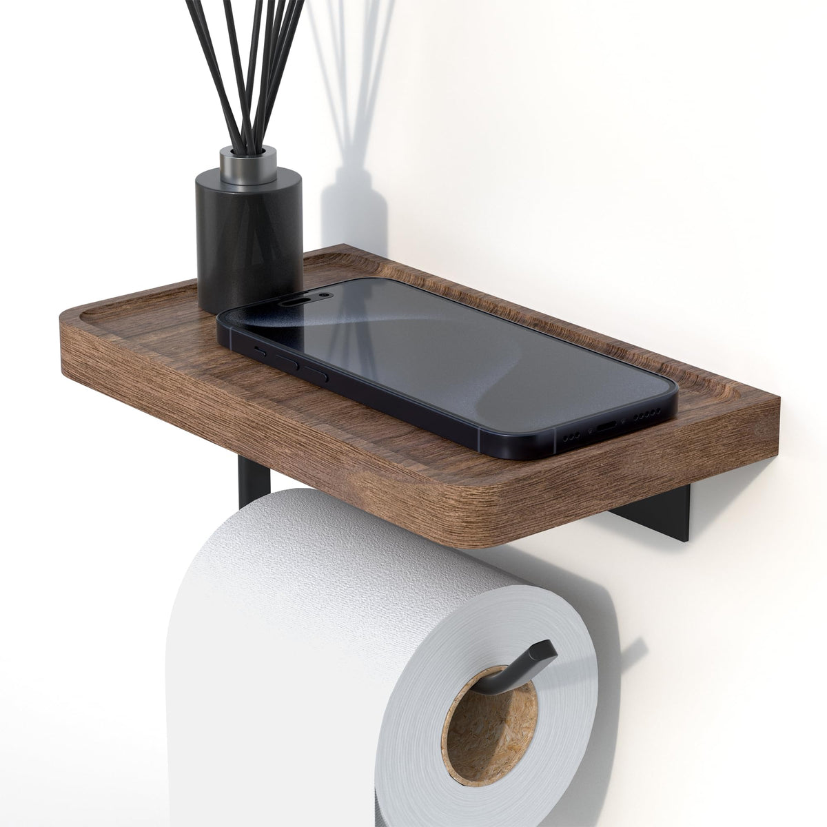 IURRDOP toilet paper holder with black walnut shelf, wall-mounted for tidy bathroom organization.