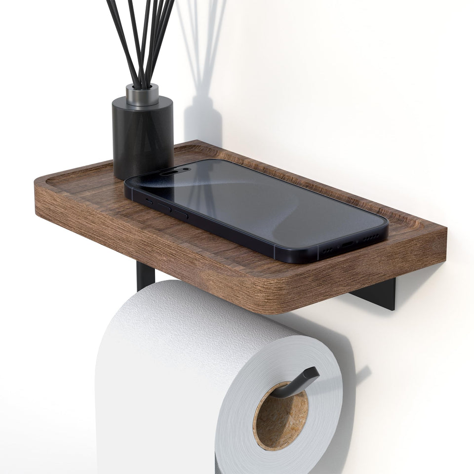 IURRDOP toilet paper holder with black walnut shelf, wall-mounted for tidy bathroom organization.