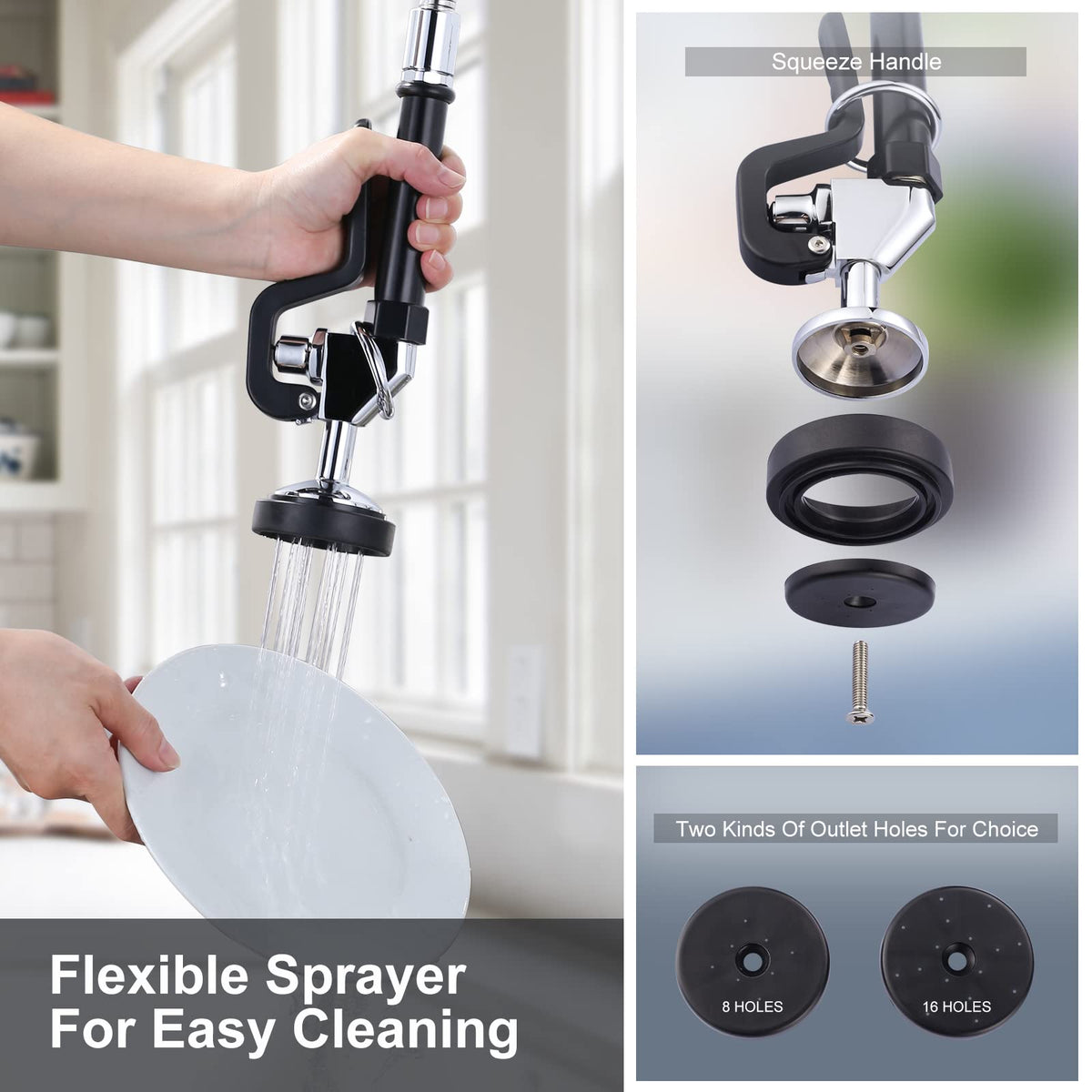 IVIGA 19-inch stainless hose with spray nozzle enables thorough rinsing.