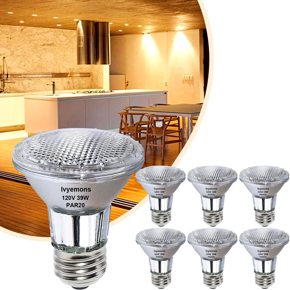 Ivyemons PAR20 flood bulb pack front view highlighting long-lasting 39W performance.