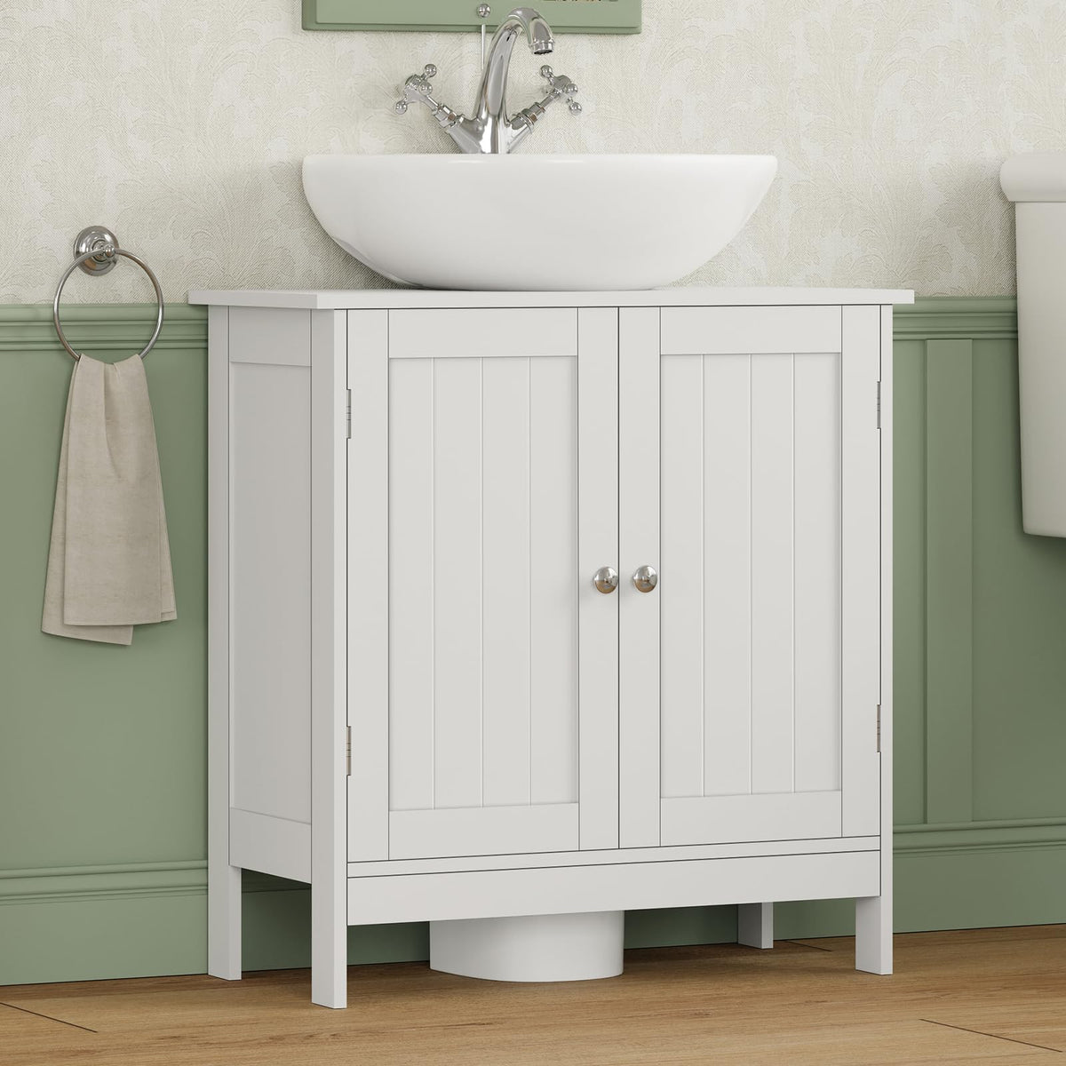 Iwell under-sink cabinet U-shape in white optimizes space usage.