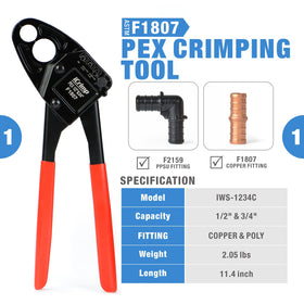 IWISS Combo Angle Head PEX Crimp Tool for three-quarter-inch crimps ensures durable joints.