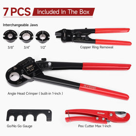 IWISS iCrimp angle-head with interchangeable jaws supports multiple PEX sizes.