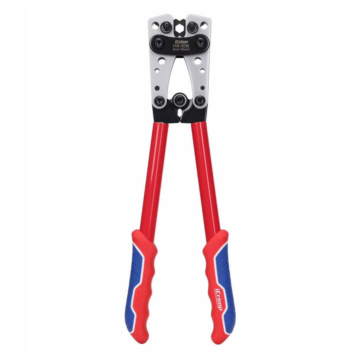 IWISS iCrimp battery terminal crimper shown with ergonomic handle for comfortable operation.