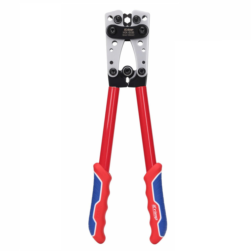 IWISS iCrimp battery terminal crimper shown with ergonomic handle for comfortable operation.