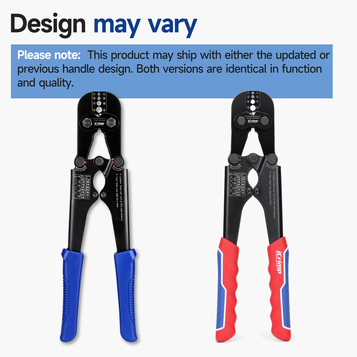 IWISS iCrimp shows four crimp sizes from 3/64-inch to 1/8-inch for versatility.
