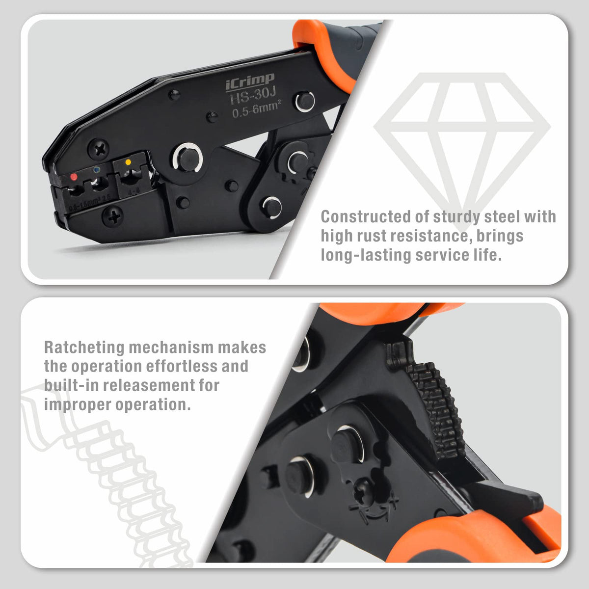 IWISS iCrimp cutting feature integrated for efficient prep of wire.