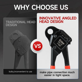 Dual crimp heads provide coverage for two common pipe sizes.