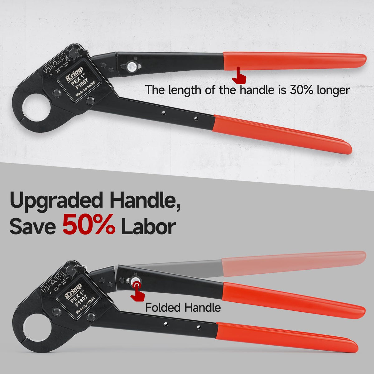 IWISS iCrimp ergonomic grip minimizes hand strain.