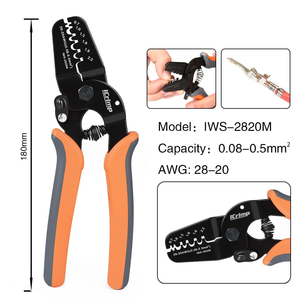 IWISS iCrimp mini tool with ergonomic grips in use for comfortable operation.