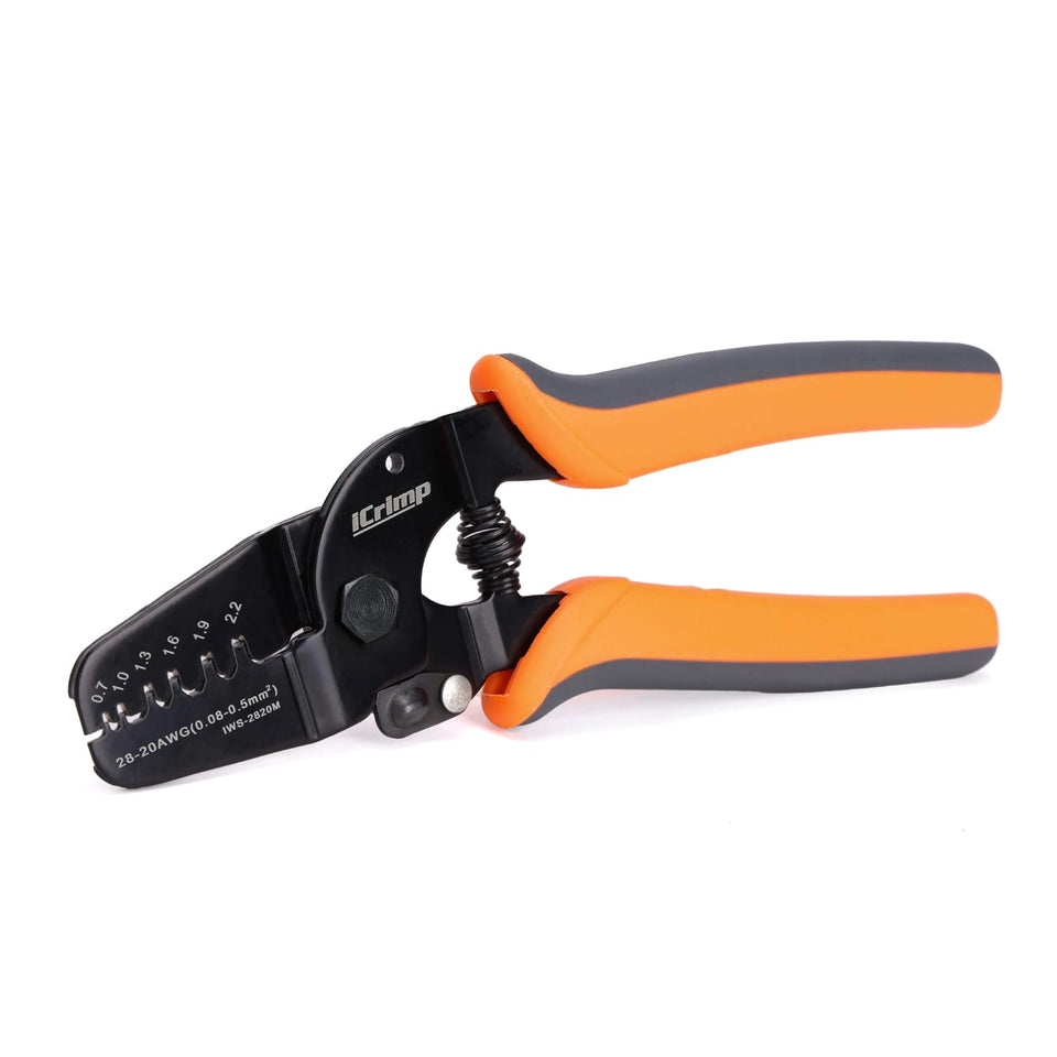 IWISS iCrimp mini tool front view shows precise crimping for JST and Molex terminals.