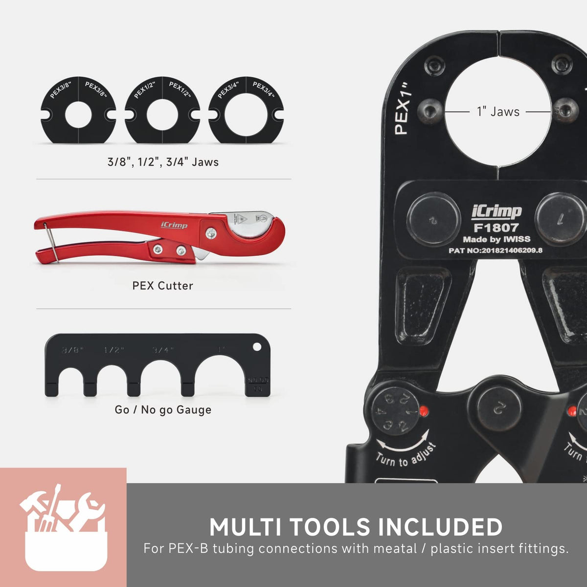 IWISS iCrimp PEX tool showing half-inch jaw for quick connections