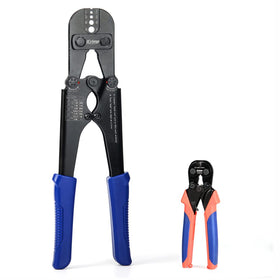 IWISS iCrimp tool crimping aluminum sleeves for secure outdoor railing joints.