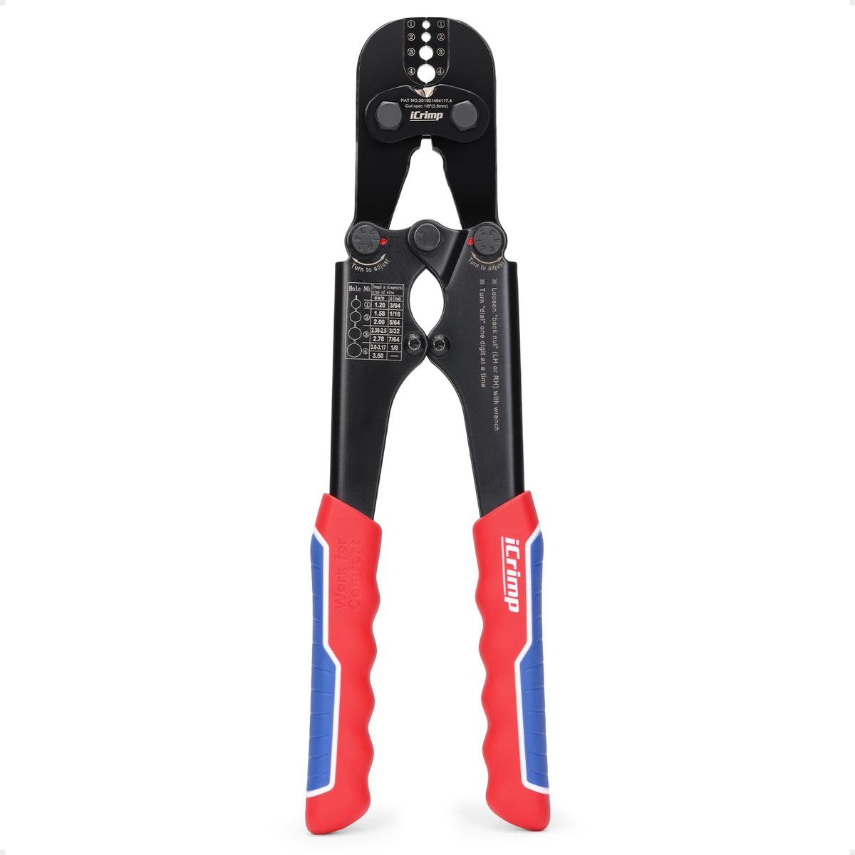 IWISS iCrimp tool with ergonomic handle enables precise crimps for wire rope.
