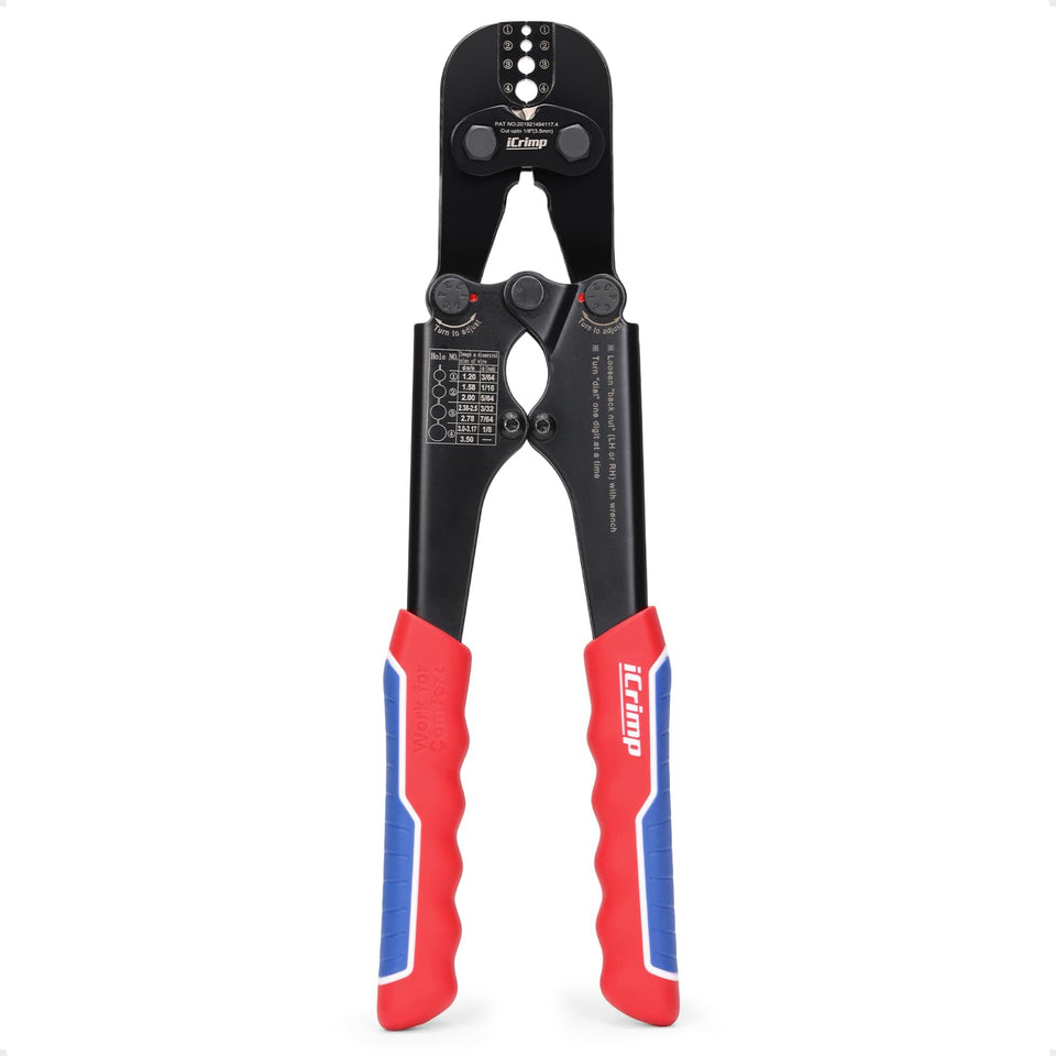 IWISS iCrimp tool with ergonomic handle enables precise crimps for wire rope.