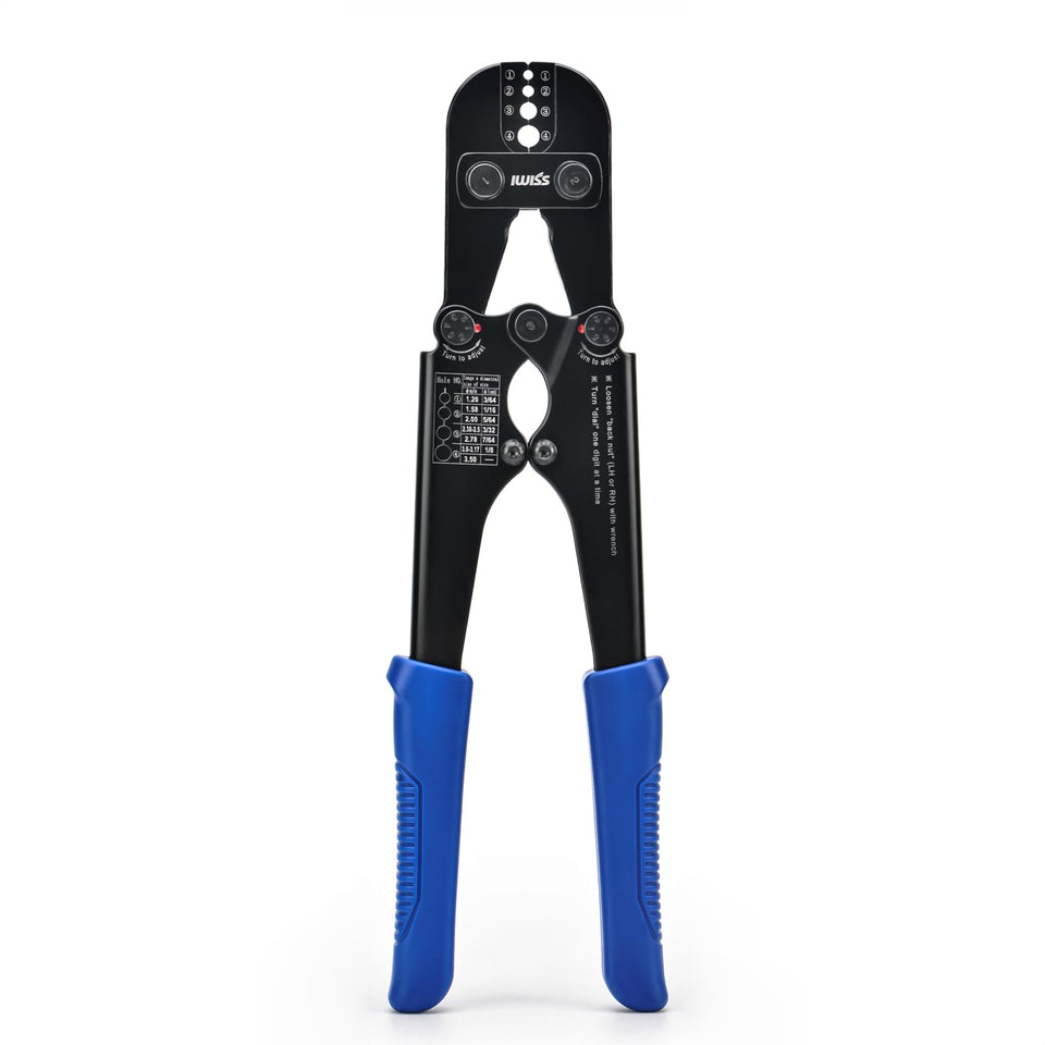 IWISS iCrimp tool ready for precise wire rope crimps on durable sleeves
