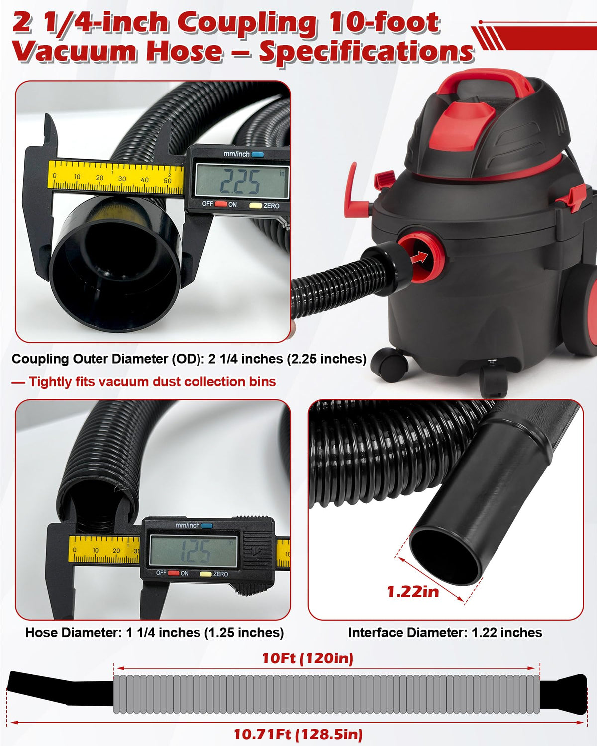IWIWE 2-1/4in cuff connection - secure seal reduces leaks during wet and dry cleanup.