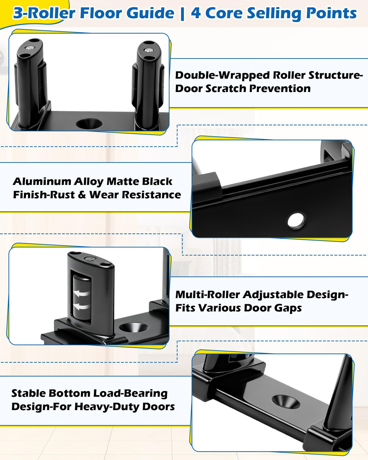 IWIWE black bottom mount floor guide blends with any room decor.