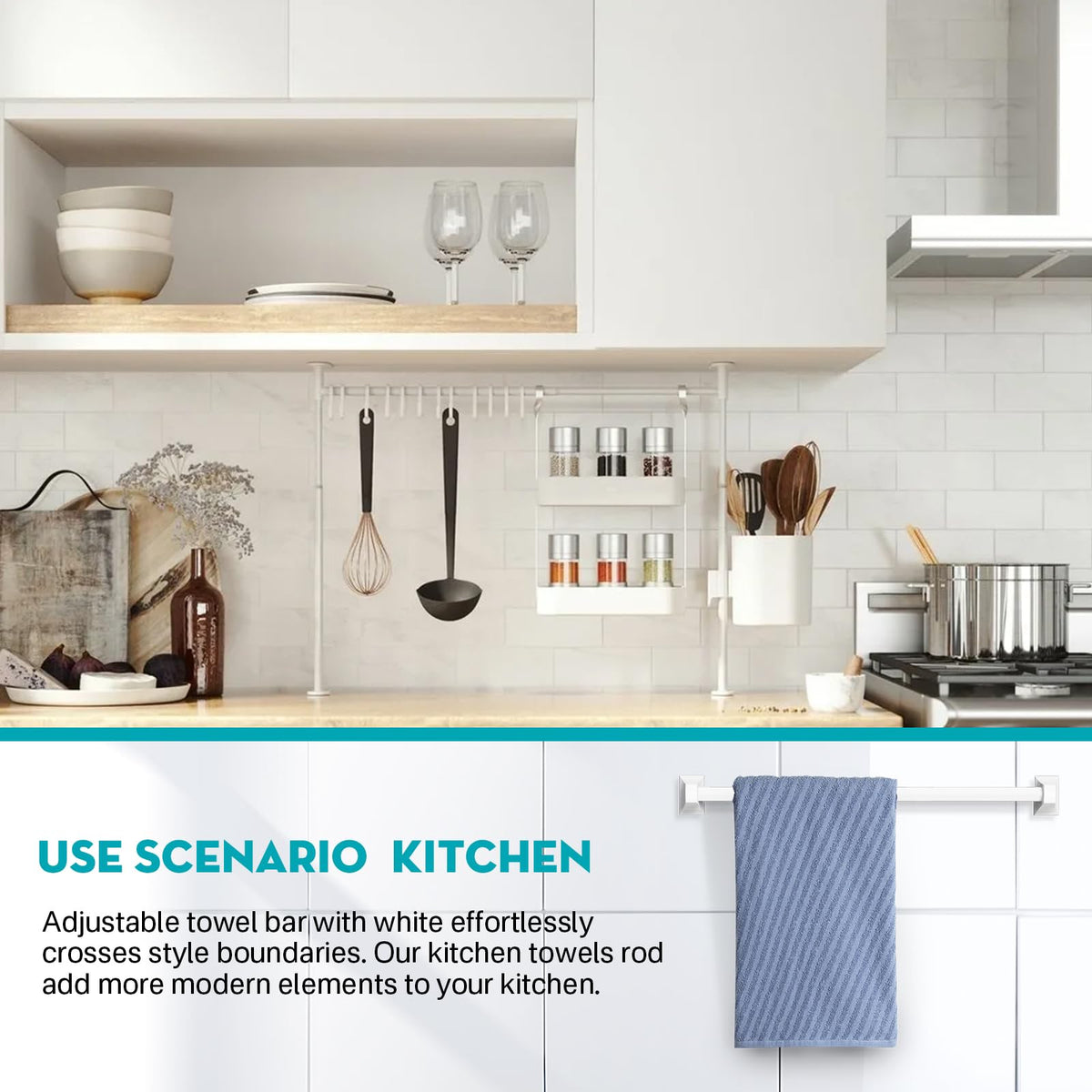 IWIWE adjustable bar works with porcelain holders for tidy spaces.