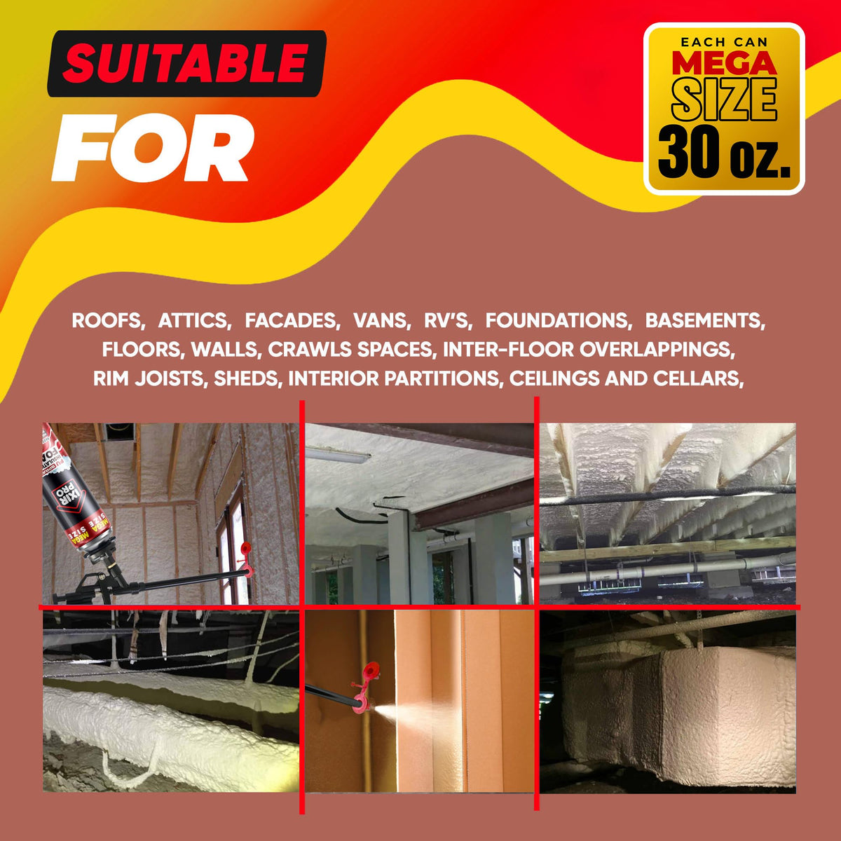 ixirpro foam adheres to glass, metal, and concrete surfaces