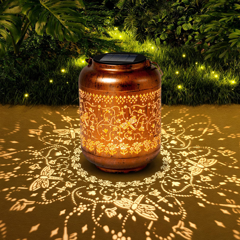 IYEZIGI dragonfly garden lantern hanging with warm glow for outdoor evenings.