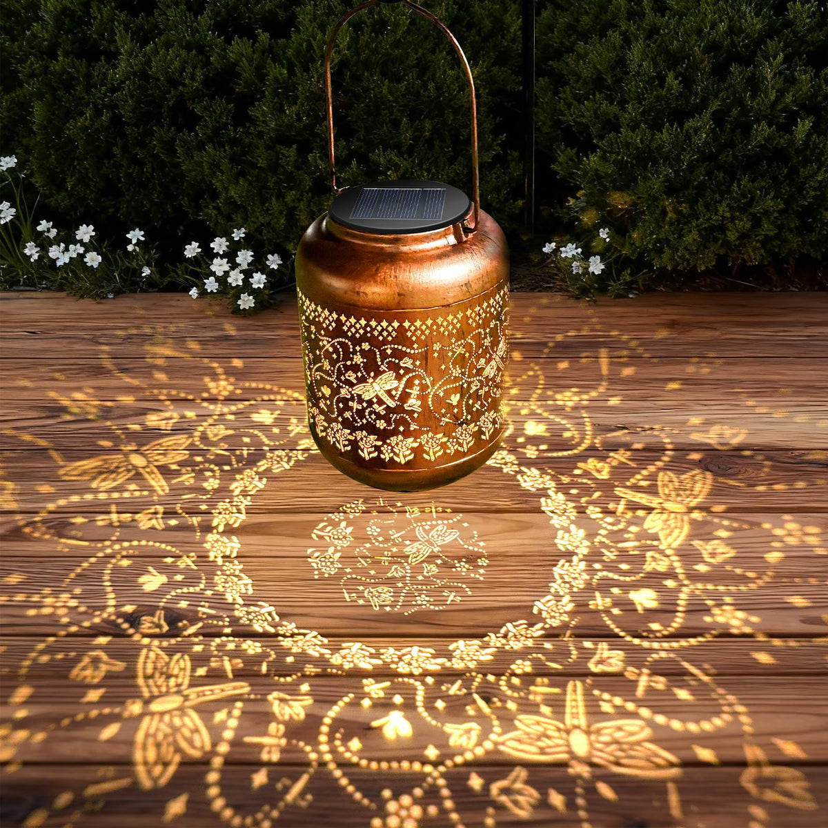 IYEZIGI dragonfly lantern table display enhances patios and decks.