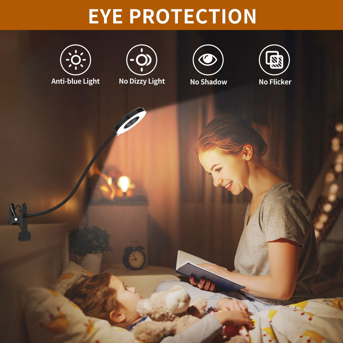iZELL desk lamp clamps to headboard for convenient night reading.