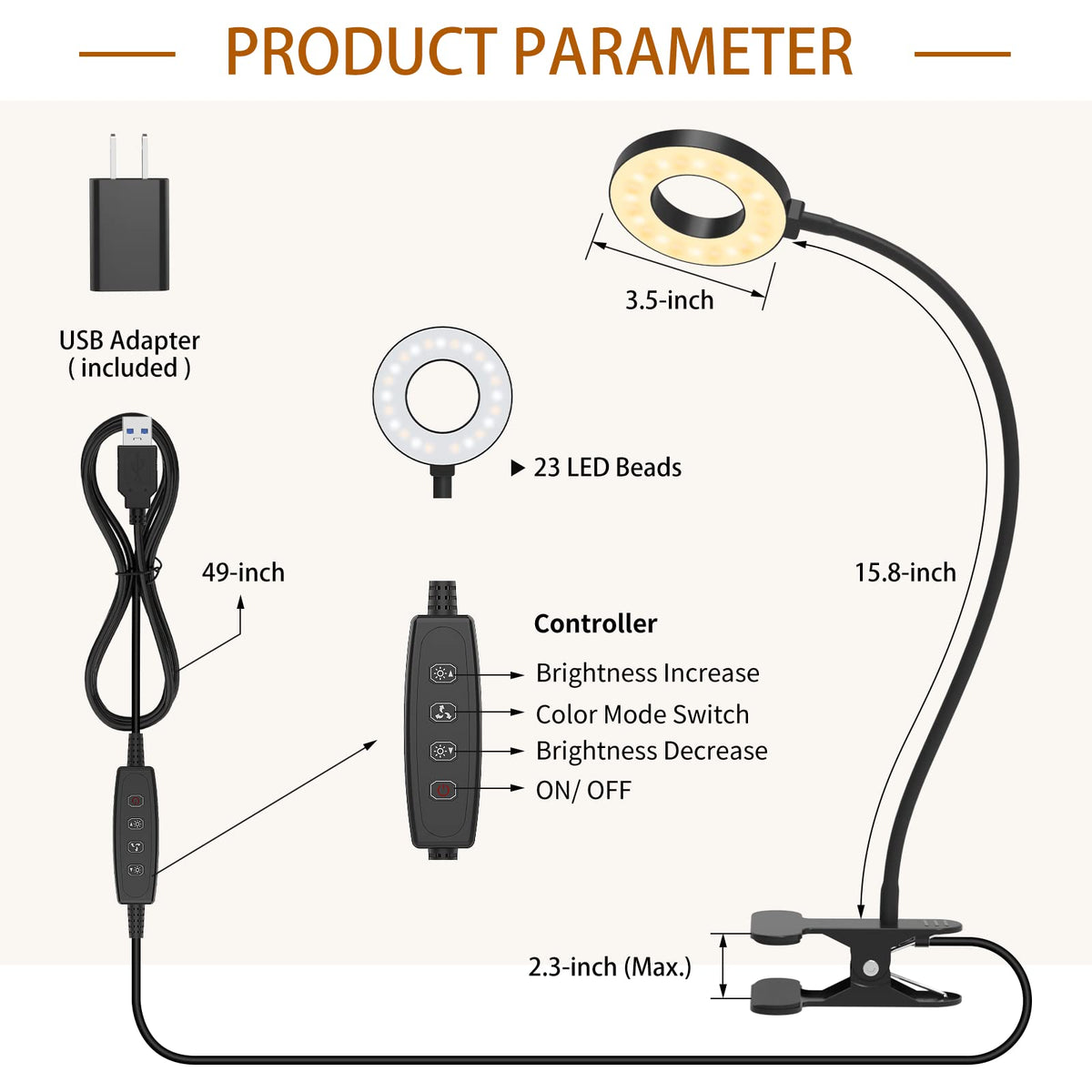 iZELL desk lamp package includes adapter and 24-month warranty.