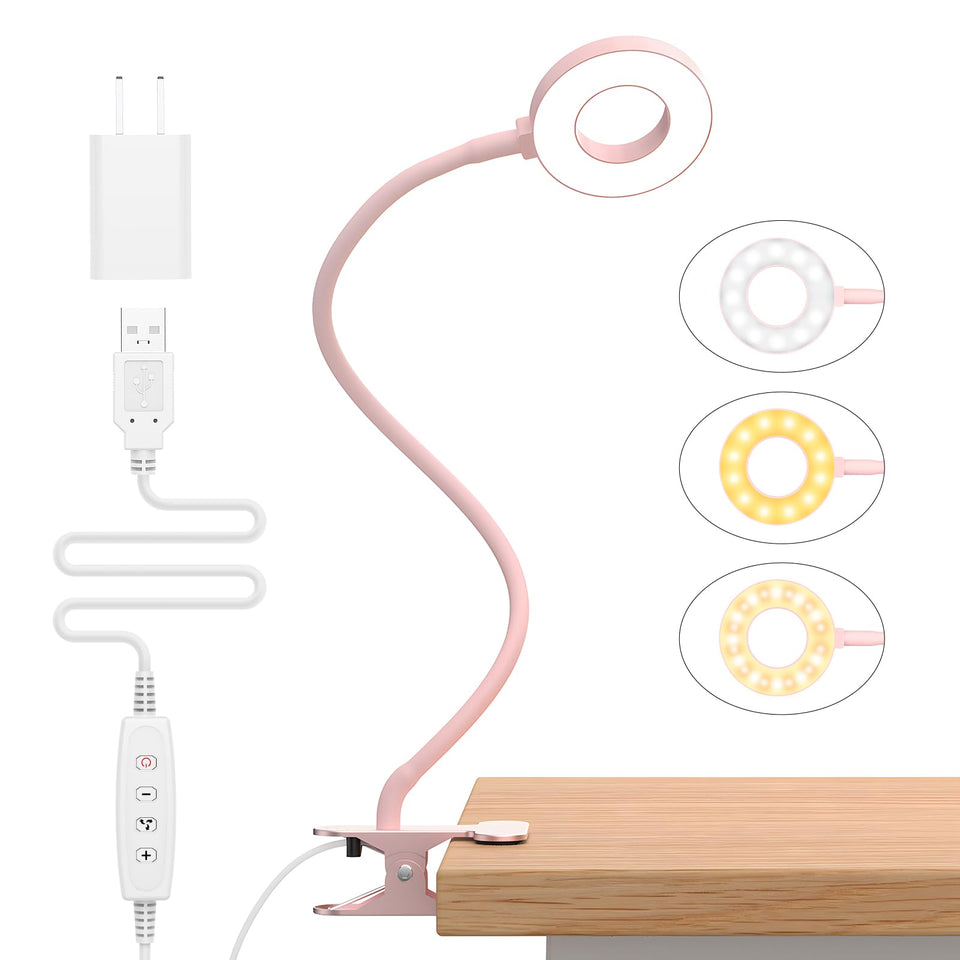 iZELL Desk Lamp pink clip-on for bedside reading with adjustable clip.