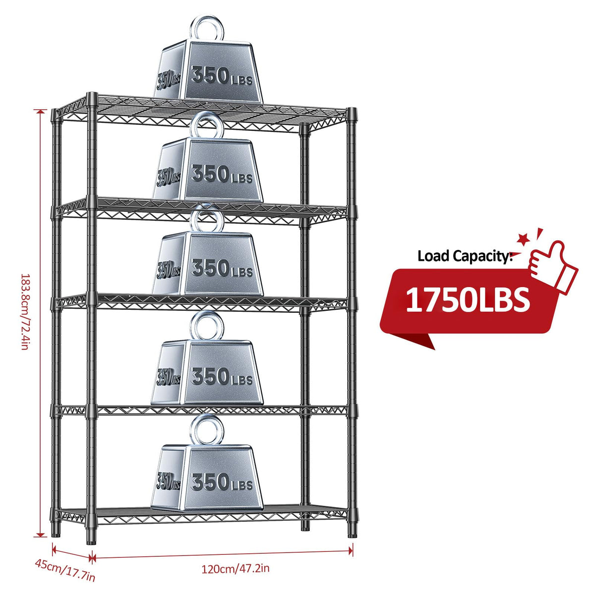 izeuk 5-tier shelving unit black detailed shelf demonstrates strong support.