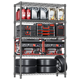 izeuk 5-tier shelving unit black front view shows sleek, rust-resistant storage.