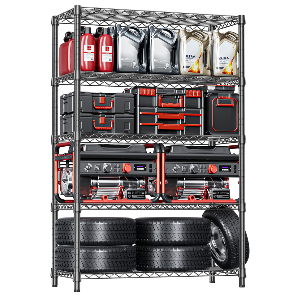 izeuk 5-tier shelving unit black front view shows sleek, rust-resistant storage.