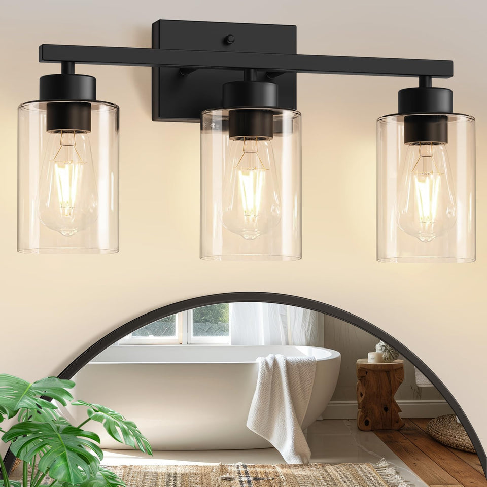 IZORRO 3-light vanity fixture in matte black with clear glass shades for stylish bathroom lighting