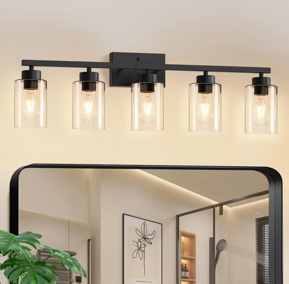 IZORRO 5-light black vanity light over mirror with clear glass brighten the bathroom