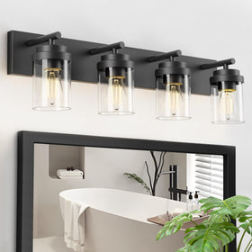 IZORRO 4-light 30-inch matte black base provides sturdy over-mirror support.