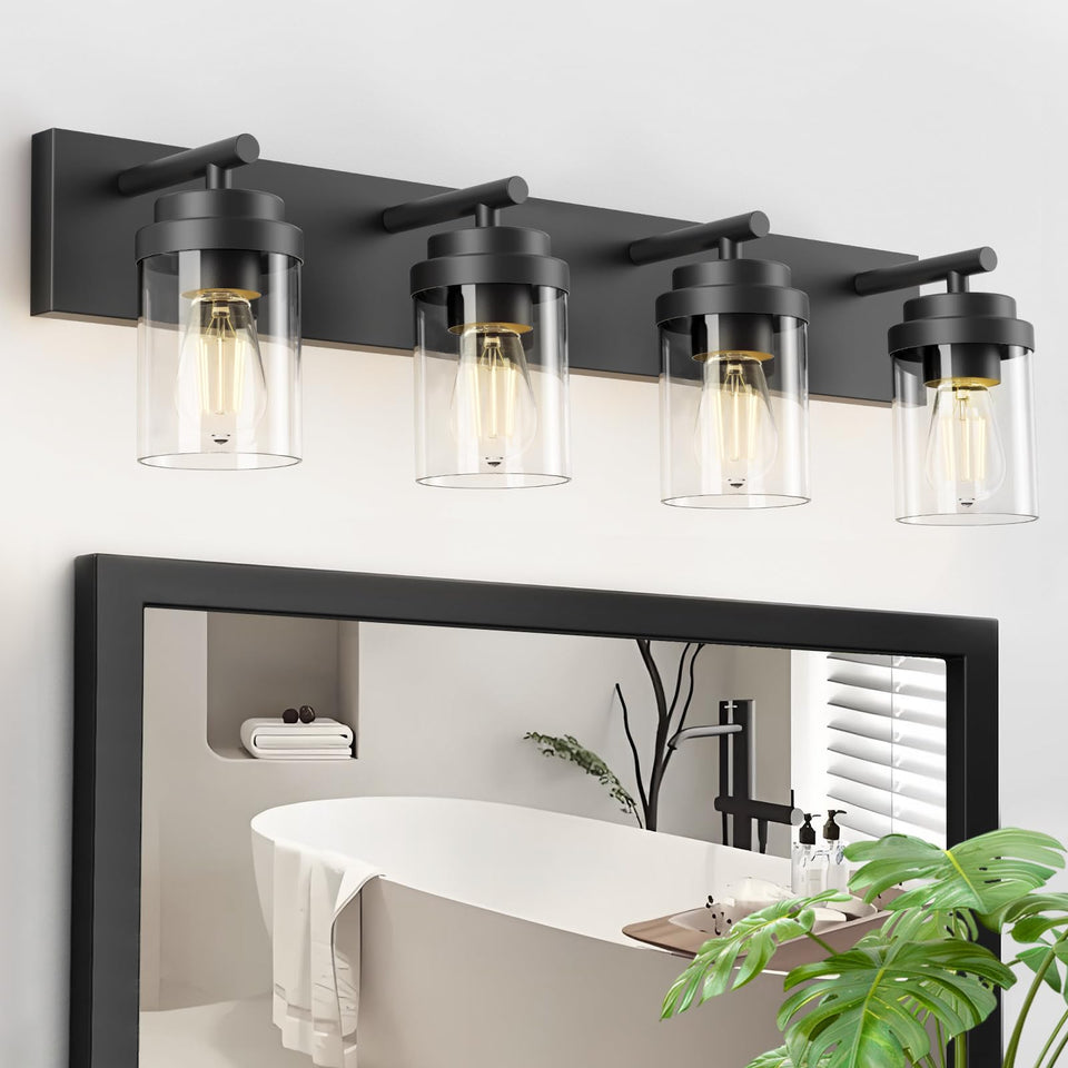 IZORRO 4-light 30-inch matte black base provides sturdy over-mirror support.