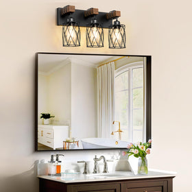 IZORRO black metal cage vanity light adds industrial style over the sink.