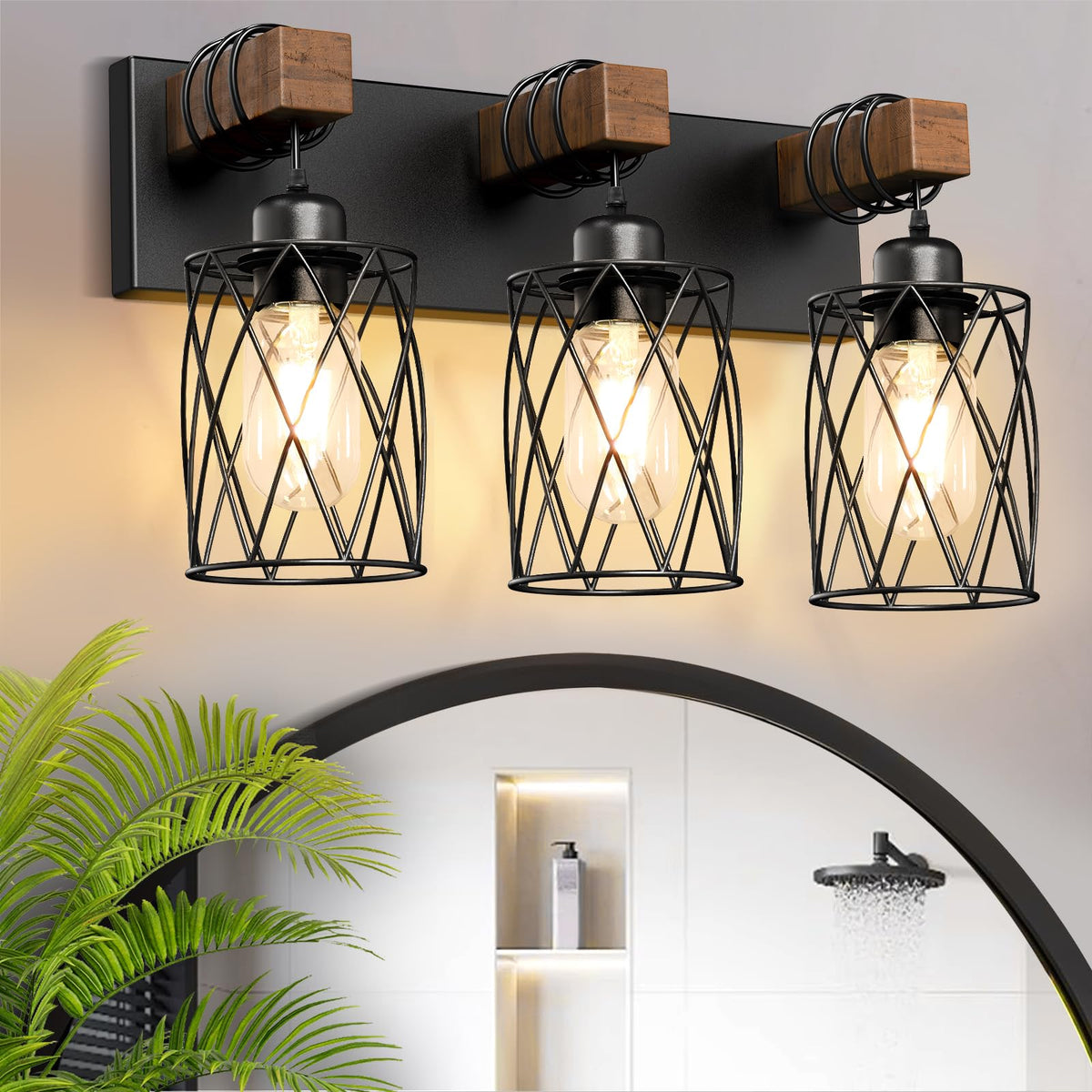 IZORRO farmhouse bathroom light with wood cage above mirror provides warm rustic ambience.