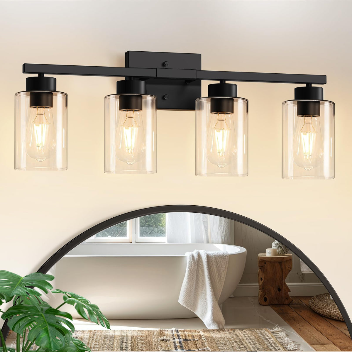 IZORRO four-light matte-black bathroom fixture over mirror for balanced illumination.