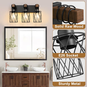 IZORRO over-mirror wood frame vanity light enhances bathroom warmth and character.