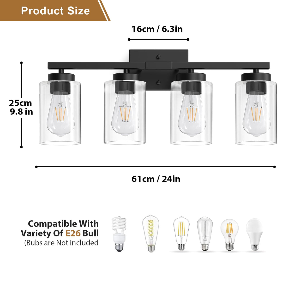IZORRO vanity light with heat-resistant E26 socket for versatile bulb choices.
