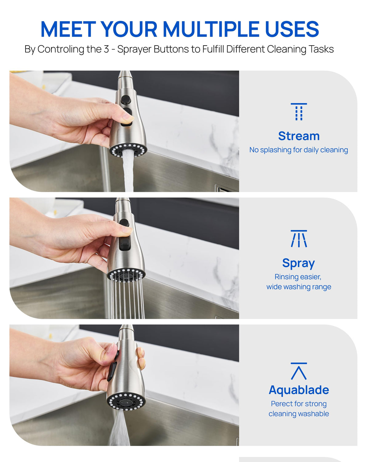 J-HVA sprayer head blade mode reduces stubborn grime efficiently.