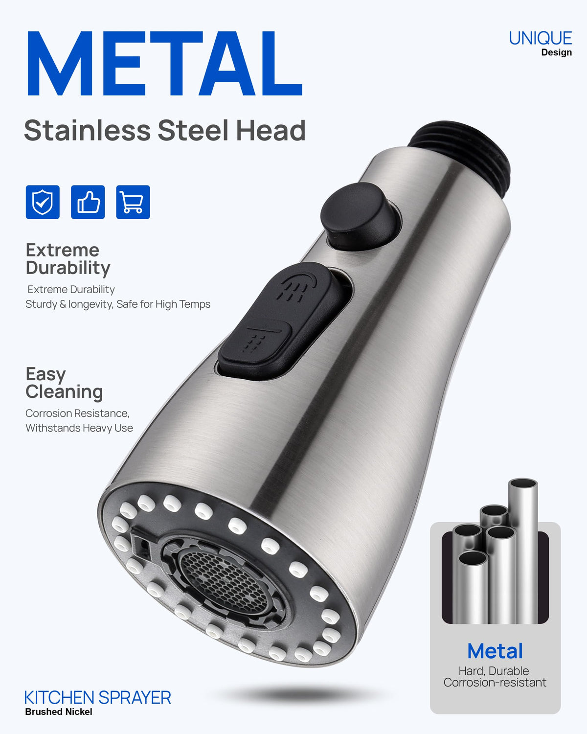 J-HVA sprayer head stream mode provides strong water flow for dishes.
