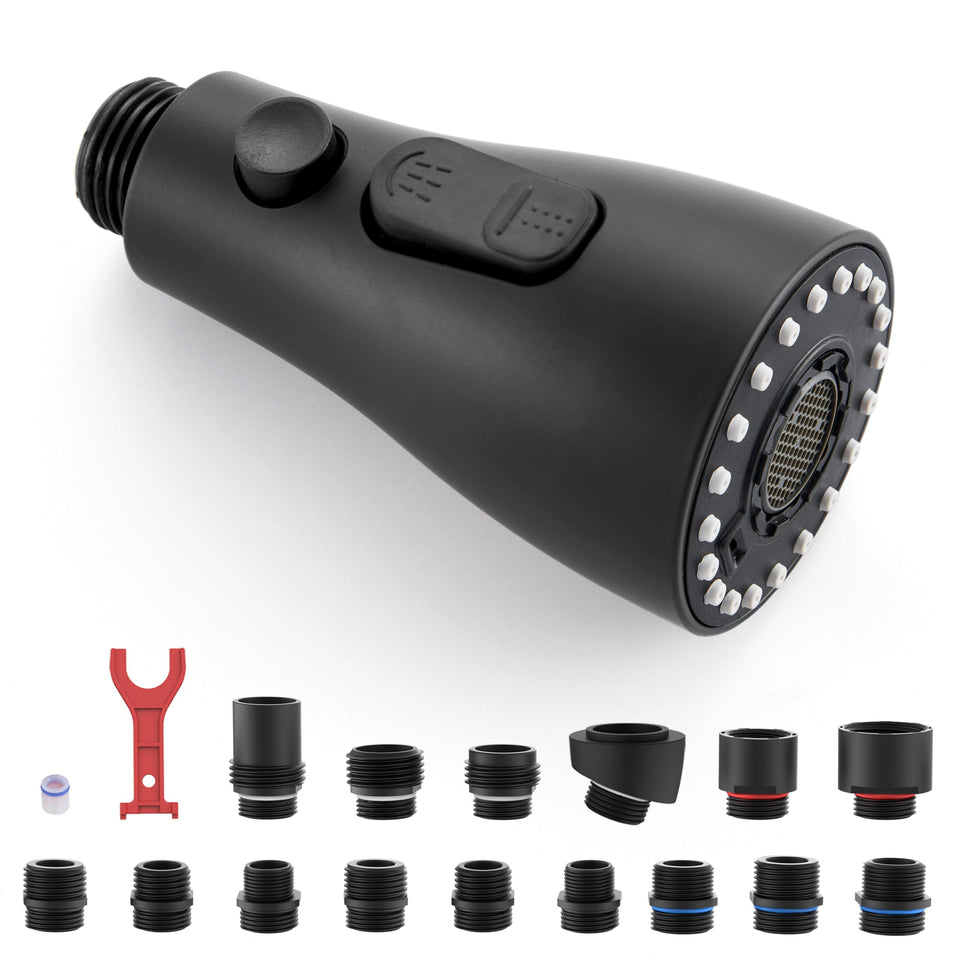 J-HVA pull-down sprayer head with 15 connectors enables broad faucet compatibility.