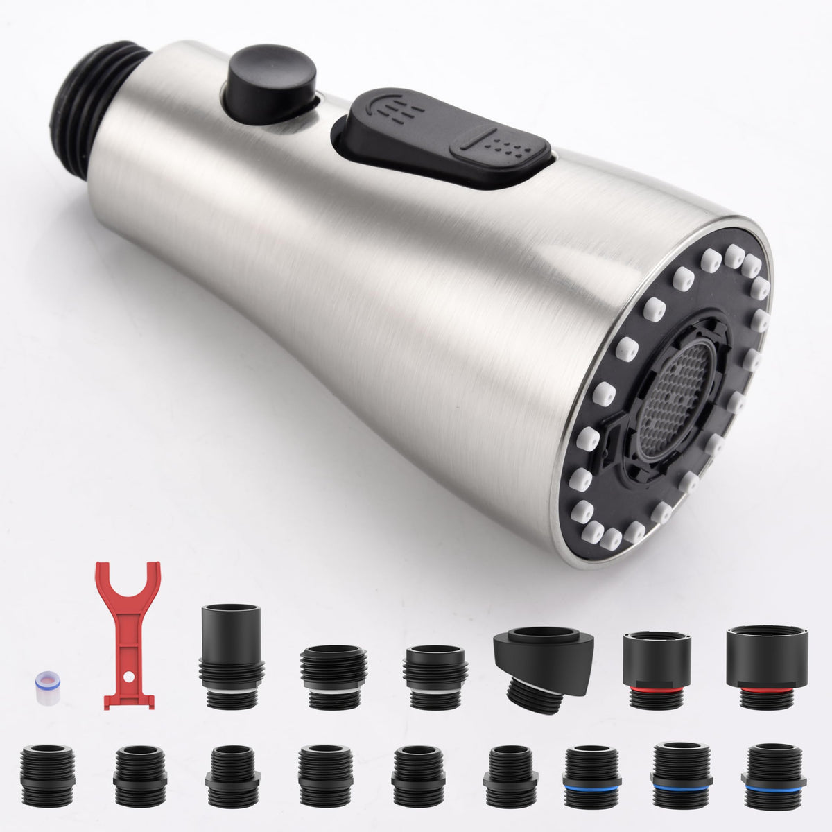 J-HVA pull-down sprayer head assembly for versatile faucet use