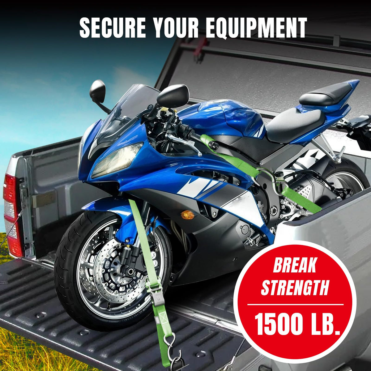 Jack Boss 1500 lbs break strength supports motorcycles, ATVs, and gear.